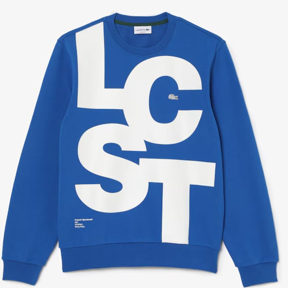 NWOT - Lacoste Classic Fit Contrast Lettering Cotton Sweatshirt Blue - Med